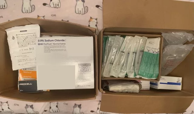 The contents of a TPN bag packed in a box to be shipped to a Nutrishare patient.